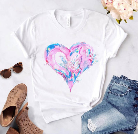 Heart flower print ladies T-shirt ladies casual white shirt
