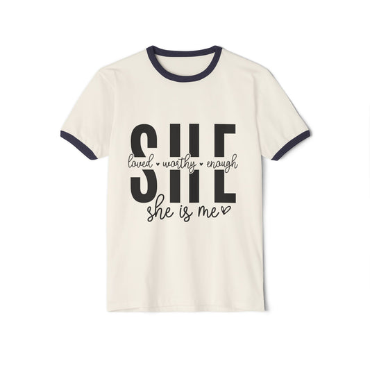 "She is Loved, Worthy, Enough" Unisex Cotton Ringer T-Shirt