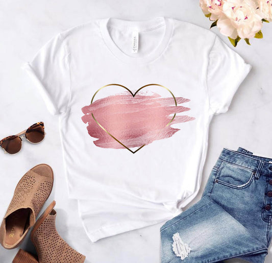 Heart flower print ladies T-shirt ladies casual white shirt