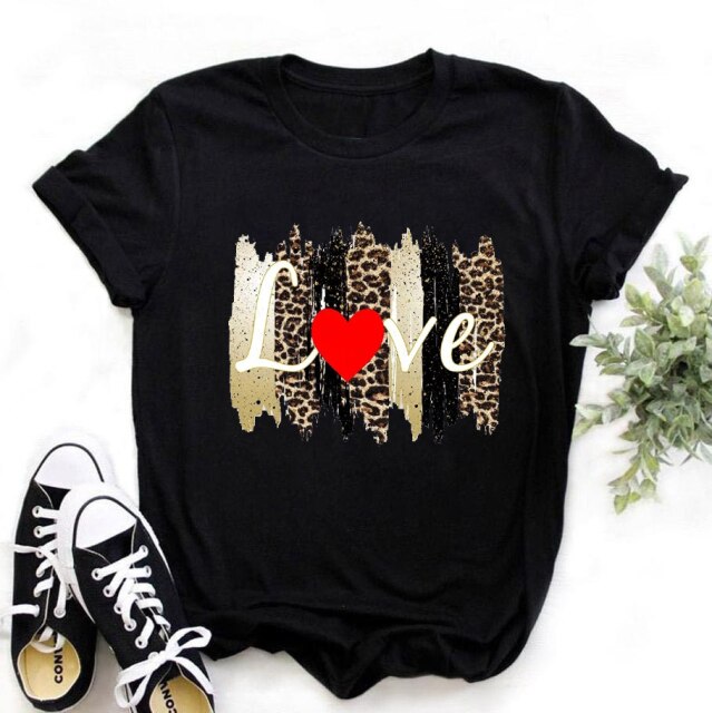Leopard Love Heart Print Women's T-shirt