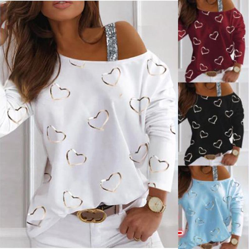 Women Shoulder Long Sleeve T-shirt Heart-shaped