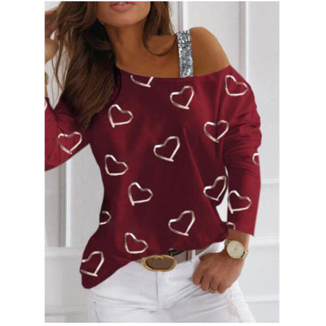 Women Shoulder Long Sleeve T-shirt Heart-shaped